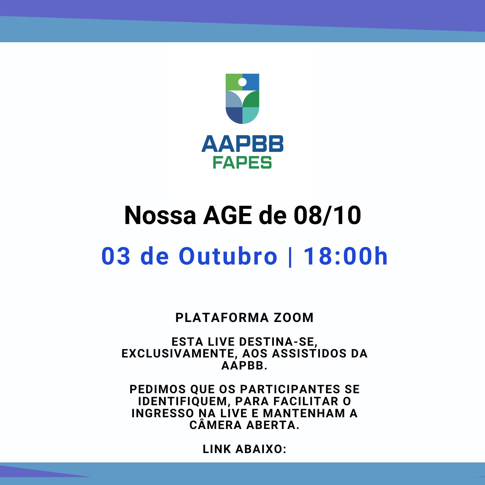 Live dia 03/10 às 18 horas. Nossa AGE de 08/10